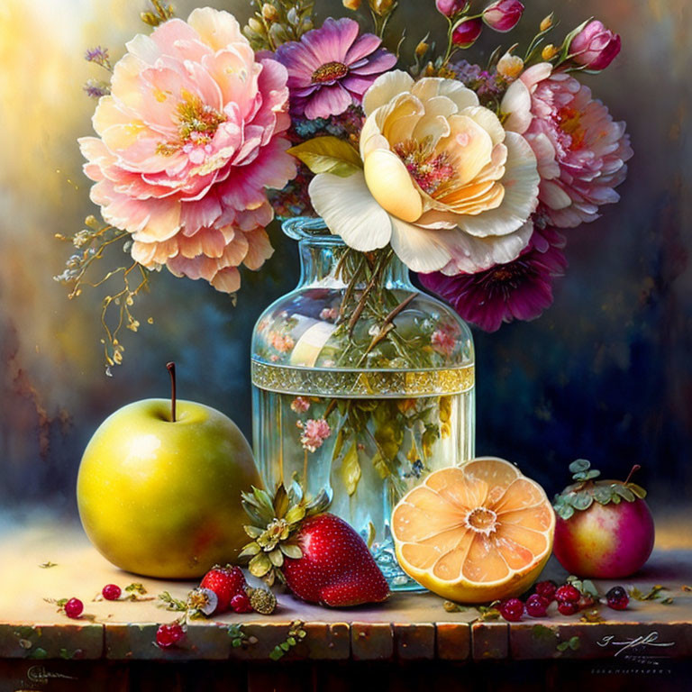 Colorful still life painting with flowers, fruits, and glass jar on wooden surface