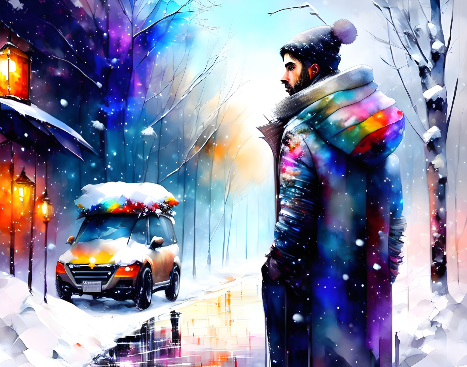 Bearded man in winter attire gazes at snow-covered car on colorful, snowy street