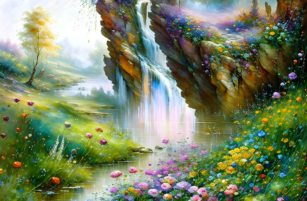 Colorful Waterfall Painting with Lush Foliage and Wildflowers