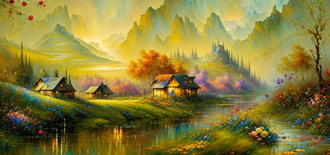 Tranquil river, wooden cabins, vibrant flora in serene landscape