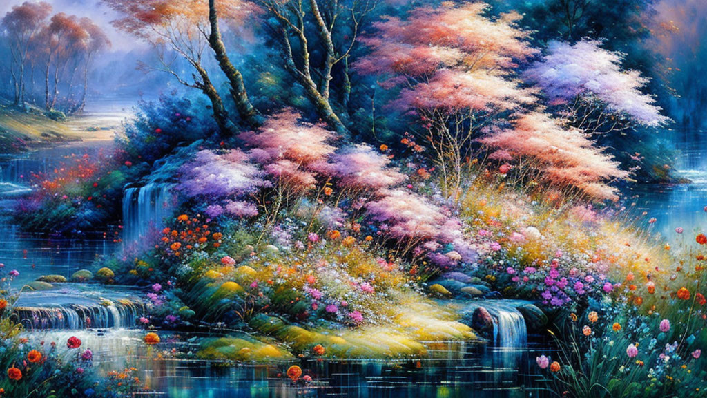 Serene woodland scene with cascading stream and colorful trees