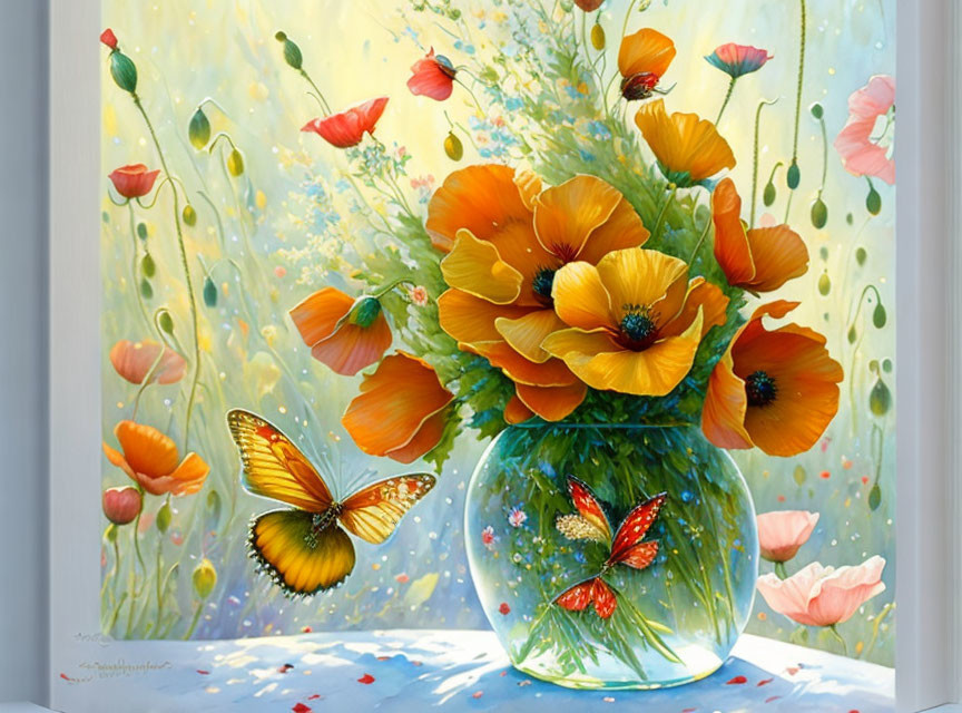 Colorful painting of poppy bouquet with butterflies in glass vase