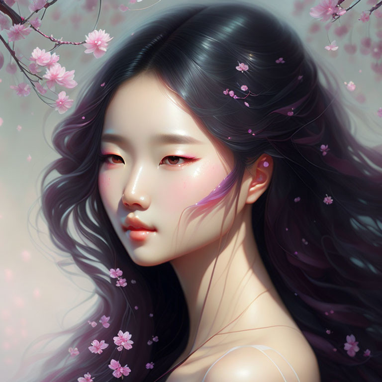 Digital Illustration: Woman with Pink Blossoms in Flowing Hair