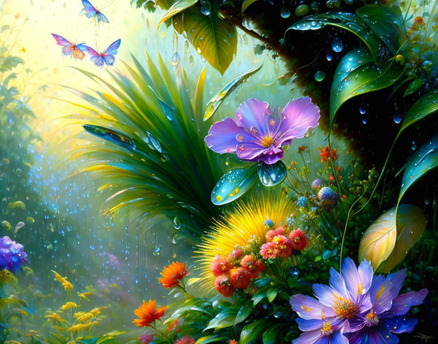 Colorful flowers, dew drops, greenery, and butterflies in sunlit forest