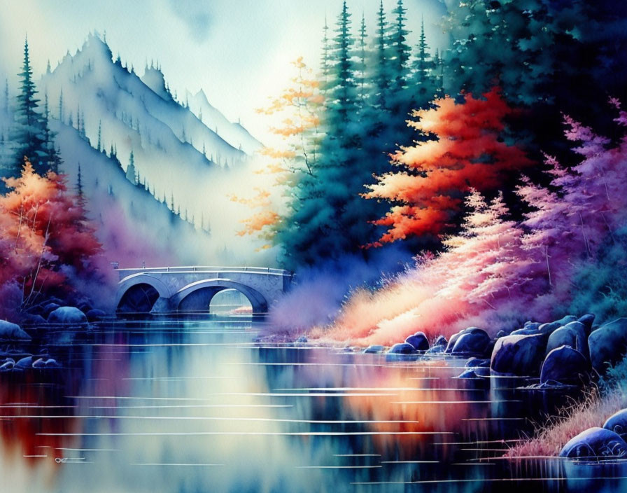 Tranquil river scene with stone bridge, autumn trees, misty mountains, and reflections.