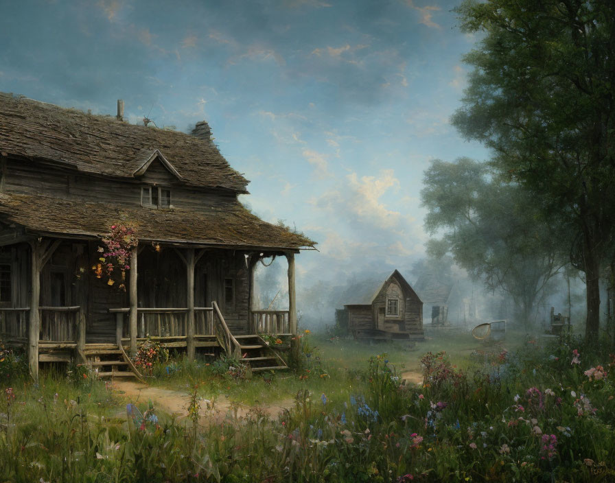 Rural landscape with old wooden house and wildflowers under hazy sky