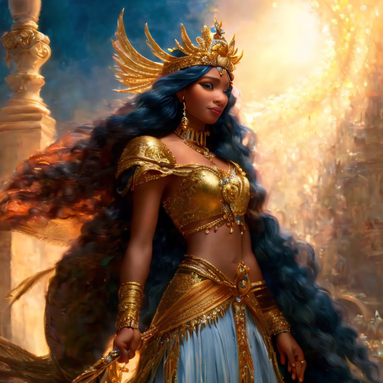 Regal character in golden armor with blue hair on mystical backdrop