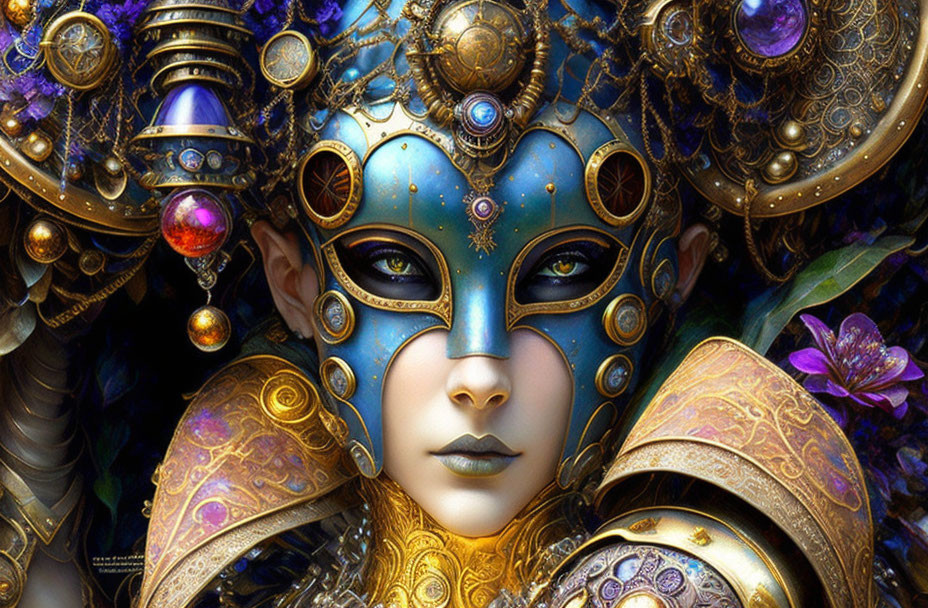 Detailed image of person in ornate blue and gold mask with metallic designs and purple flowers