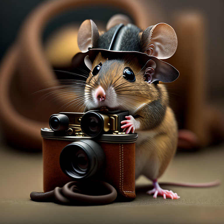 Whimsical mouse illustration with vintage camera & leather hat