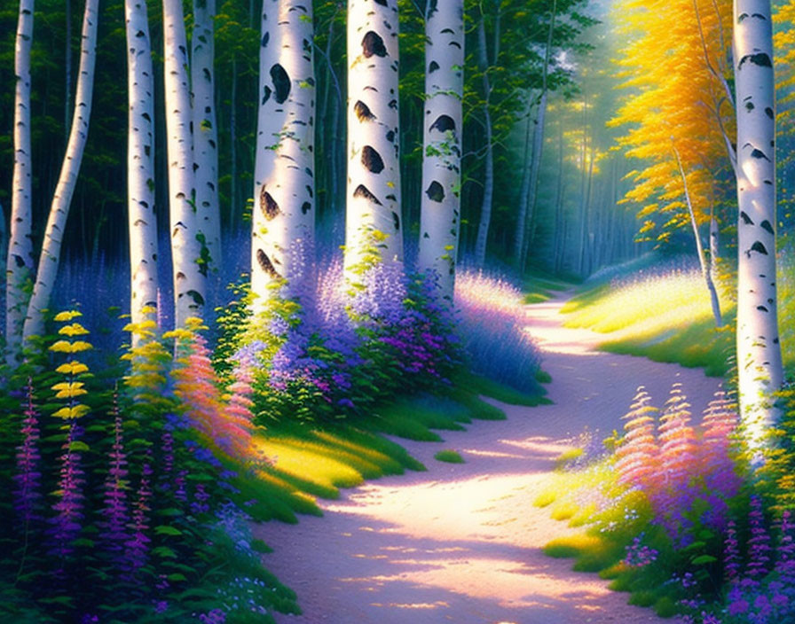 Scenic forest path with birch trees and colorful flowers