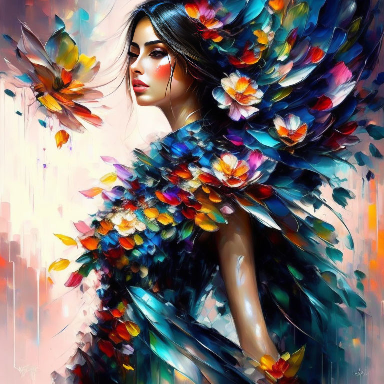 Colorful digital artwork of a woman in feathered cloak against abstract background.