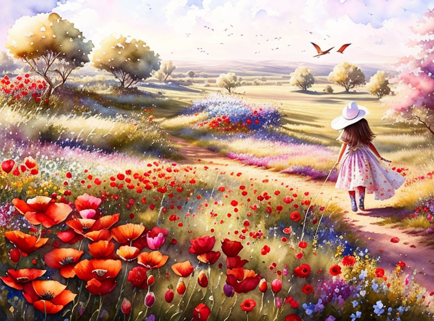 Young girl in hat and dress walking in colorful meadow with poppies and birds