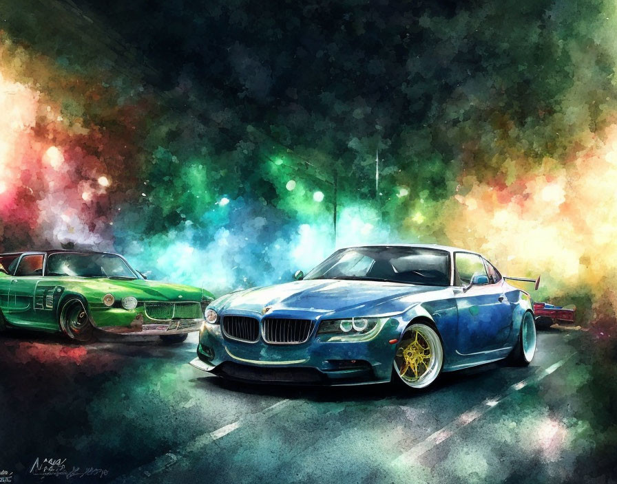 Vibrant artwork: blue sports car in front, green classic car in background