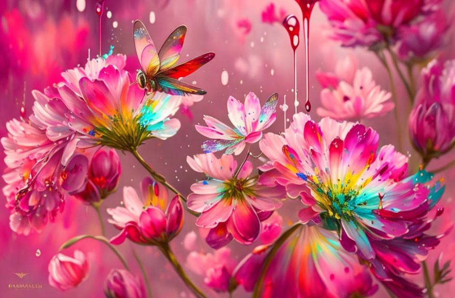 Colorful Flowers and Butterflies in Digital Artwork on Pink Background