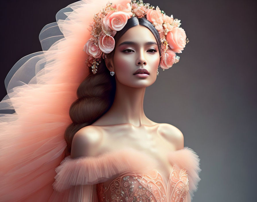 Elegant Woman in Floral Headpiece and Peach Attire exudes Grace