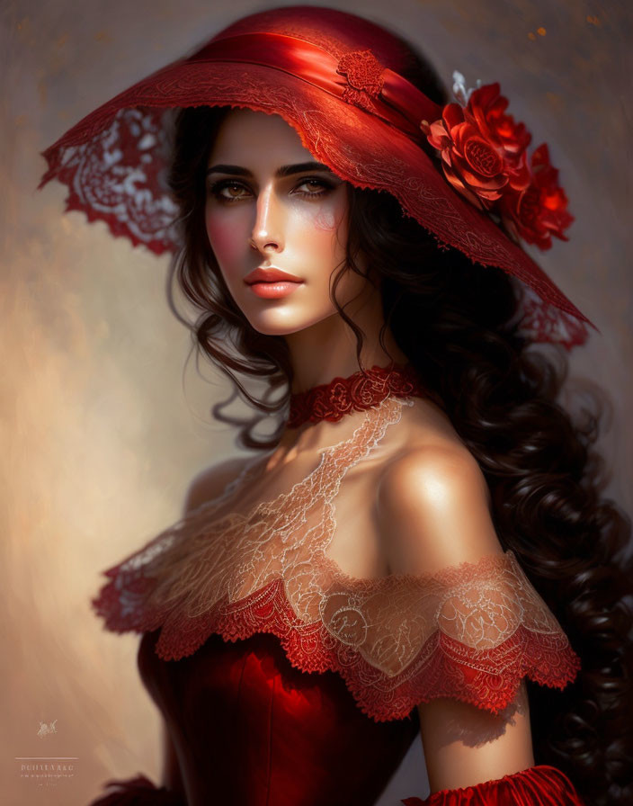 Digital portrait of woman with brown hair in red dress and hat with flowers.