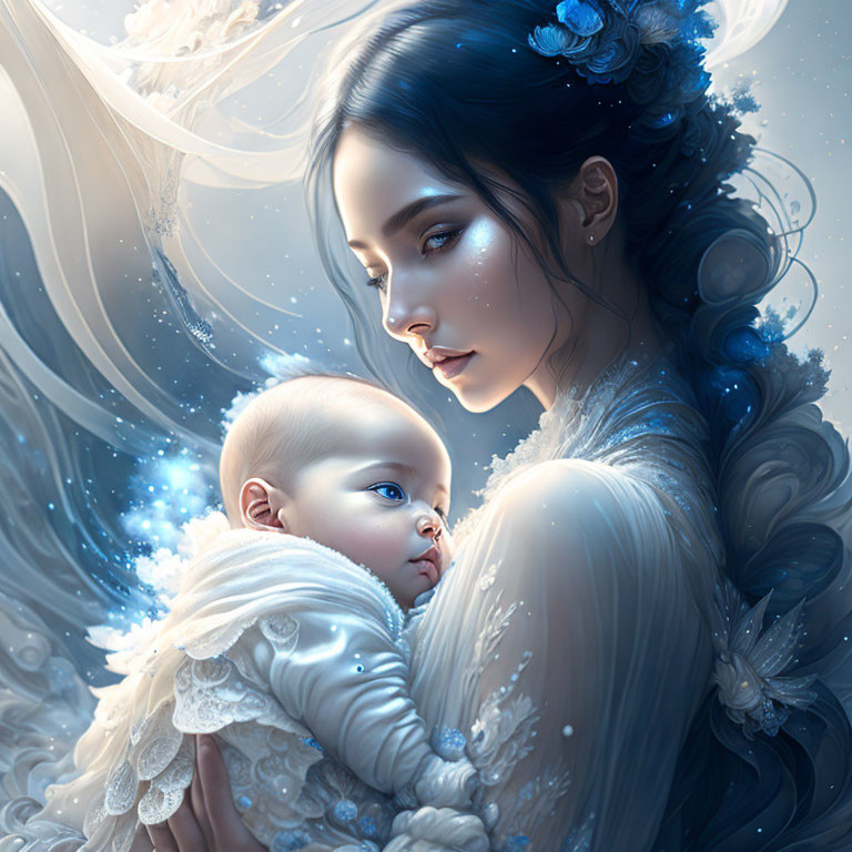 Digital art: Serene woman with dark hair and blue flowers holding peaceful baby in white, surrounded by