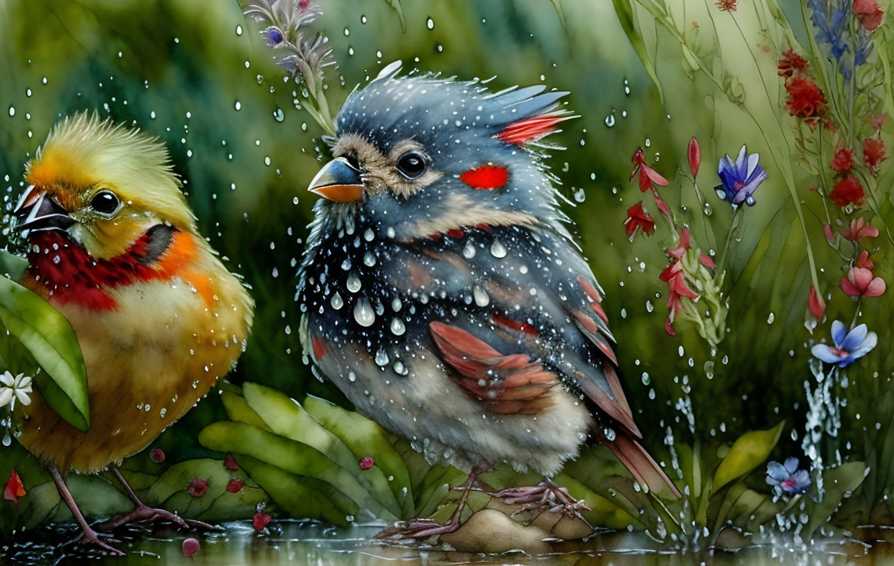 Colorful Stylized Birds Among Raindrops and Flowers