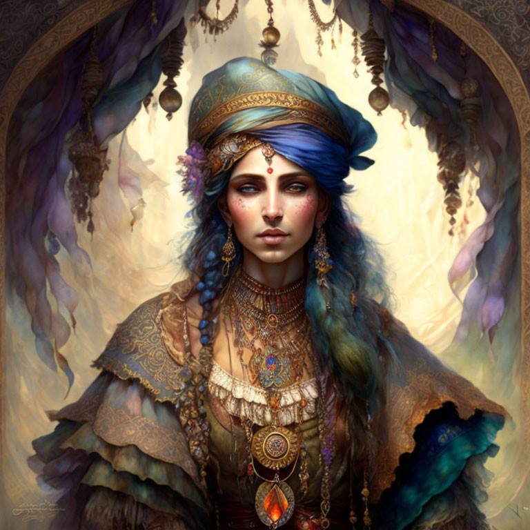 Illustrated woman with blue headwear and jewelry in mystical setting.