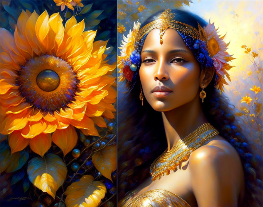 Hyper-realistic sunflower painting next to woman portrait with head jewelry on warm background