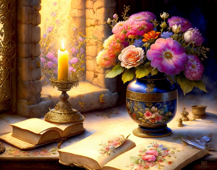 Still life with lit candle, floral book, vase of flowers, and gold ornaments