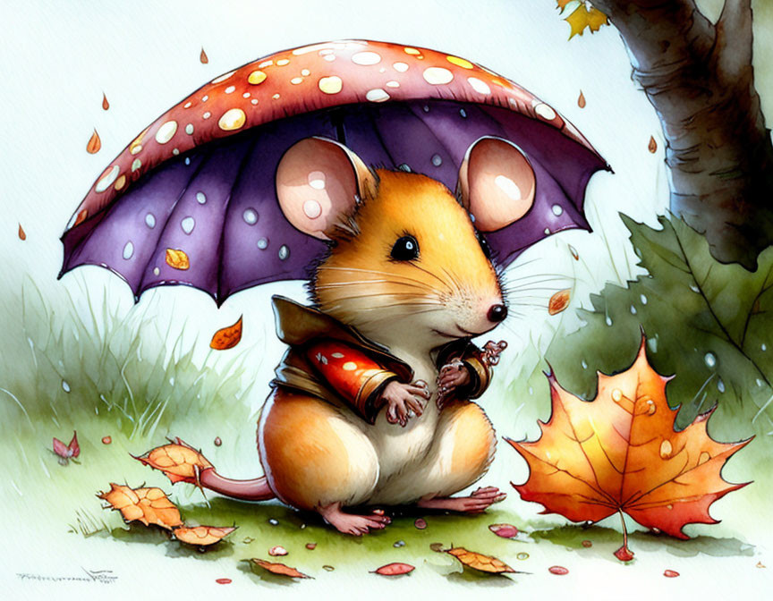 Illustrated mouse with large ears under purple polka-dot umbrella holding violin amidst autumn leaves