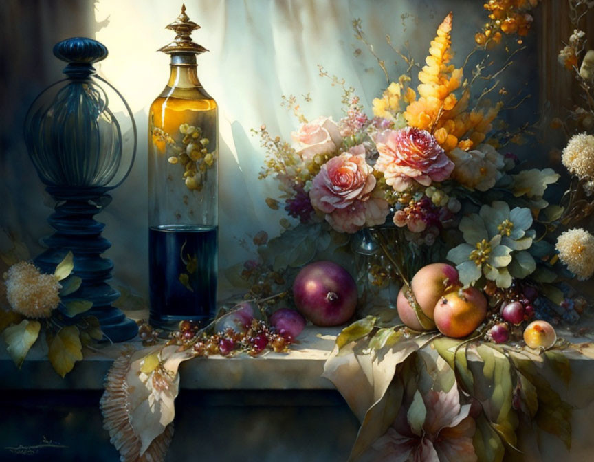 Classic Still Life Painting with Flowers, Fruit, and Vessels