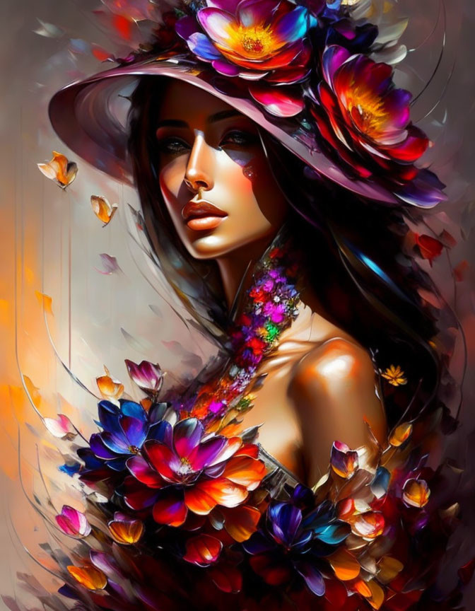 Colorful Digital Painting of Woman with Floral Hat and Garland