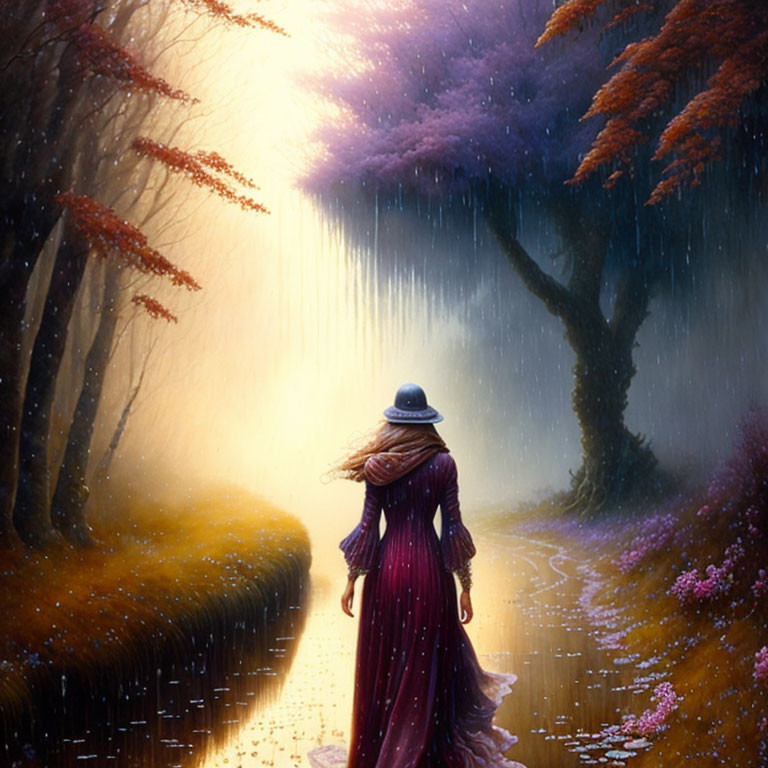 Woman in purple dress walking on rain-soaked path with autumn trees