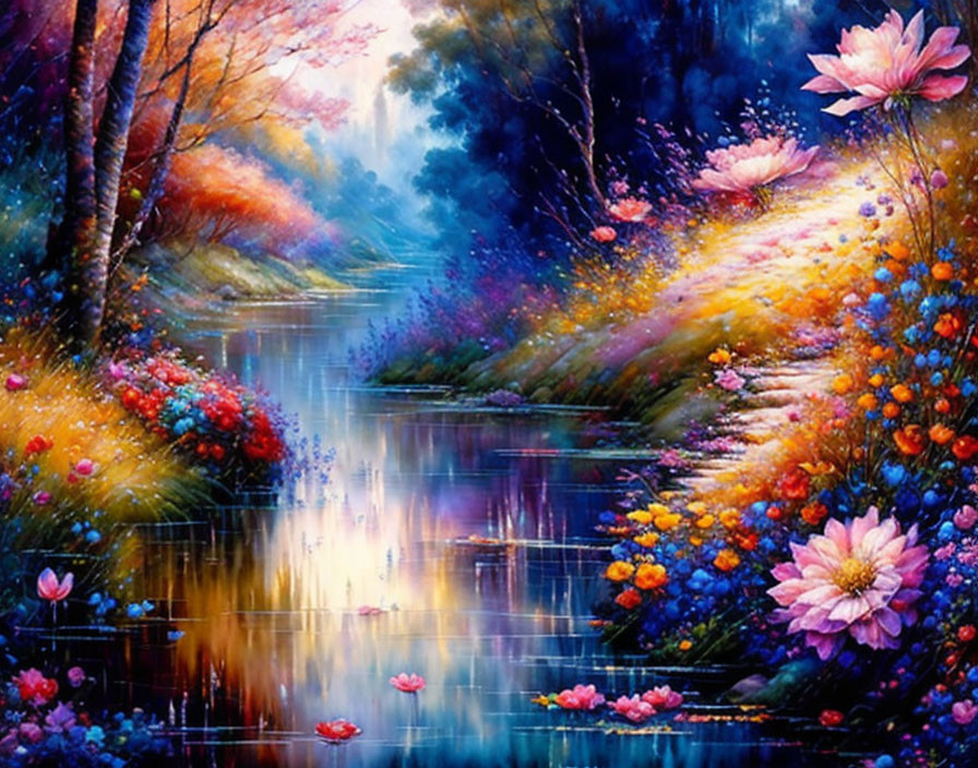 Colorful fantasy landscape with river, lush flora, and blooming flowers in pink and blue hues