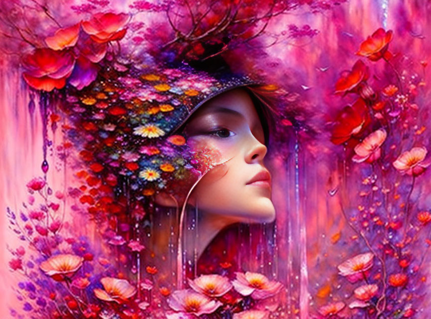 Surreal portrait of a woman with pink and purple flowers in dreamy setting