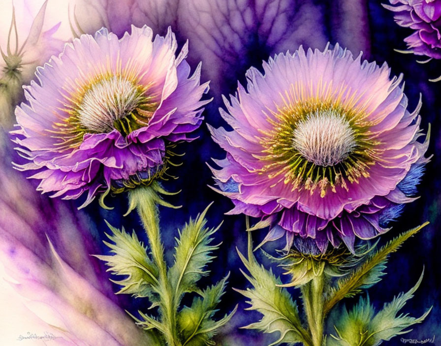 Vibrant purple flowers in watercolor painting on soft purple background