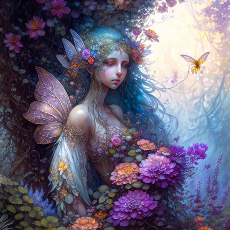 Blue-haired female mythical creature with butterfly wings and floral wreath among vibrant flowers and butterfly.