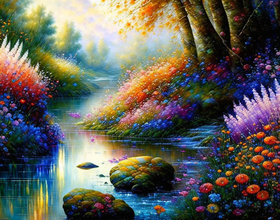 Colorful Painting: Serene River, Lush Foliage, Blooming Flowers