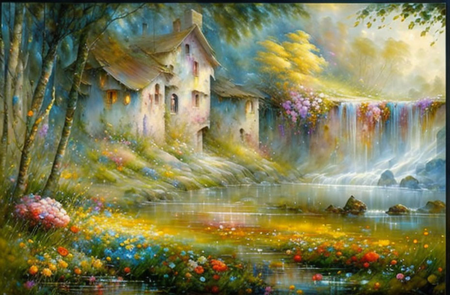 Tranquil landscape with waterfall, house, flowers, trees, and stream