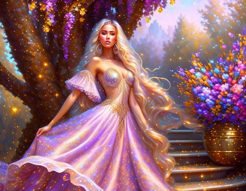 Illustrated woman in purple dress in enchanted forest