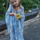 Serene girl in floral garland and flowy dress among vibrant flowers