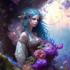 Blue-haired female mythical creature with butterfly wings and floral wreath among vibrant flowers and butterfly.