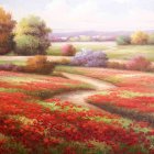 Young girl in hat and dress walking in colorful meadow with poppies and birds