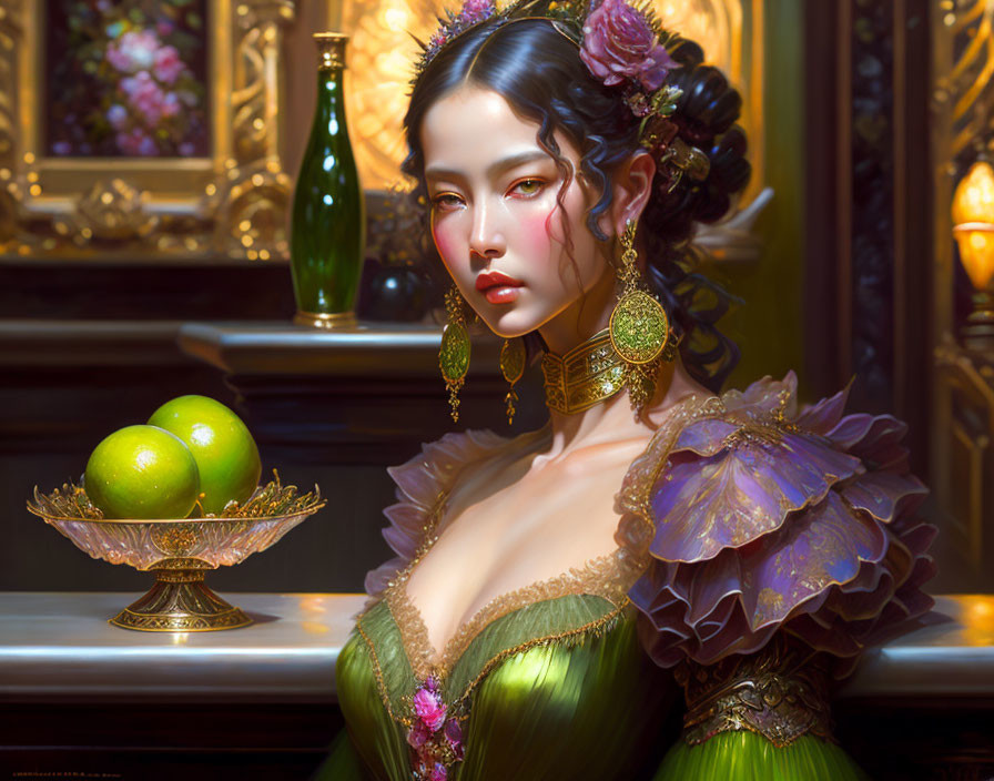 Elegant woman in detailed green and purple period dress with gold earrings beside a table with green fruit