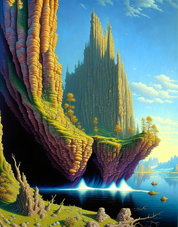 Fantastical landscape with towering rock formations, floating islands, waterfalls, and serene blue lake