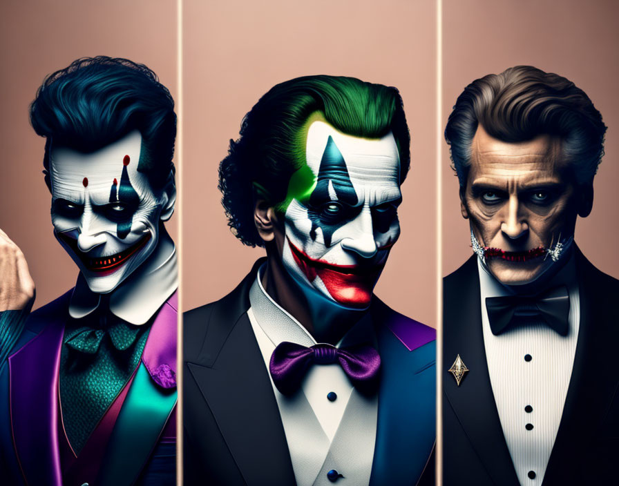 Three stylized Joker character illustrations with unique costumes and expressions.