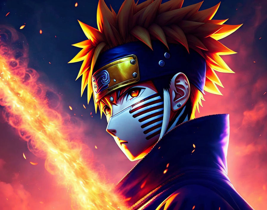 Spiky Yellow-Haired Animated Character Exhales Fire on Fiery Background