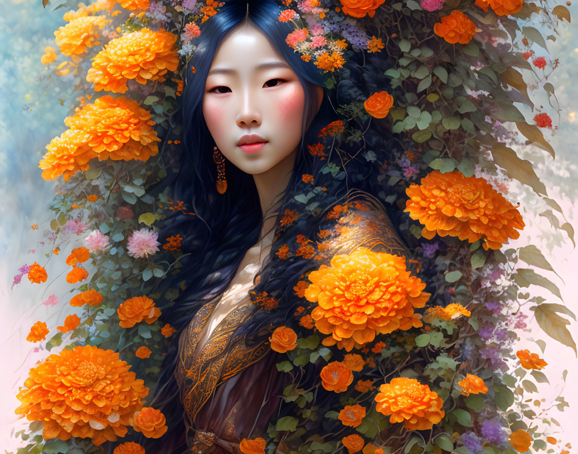 Woman with Dark Hair Among Orange Marigold Flowers in Blue Fog