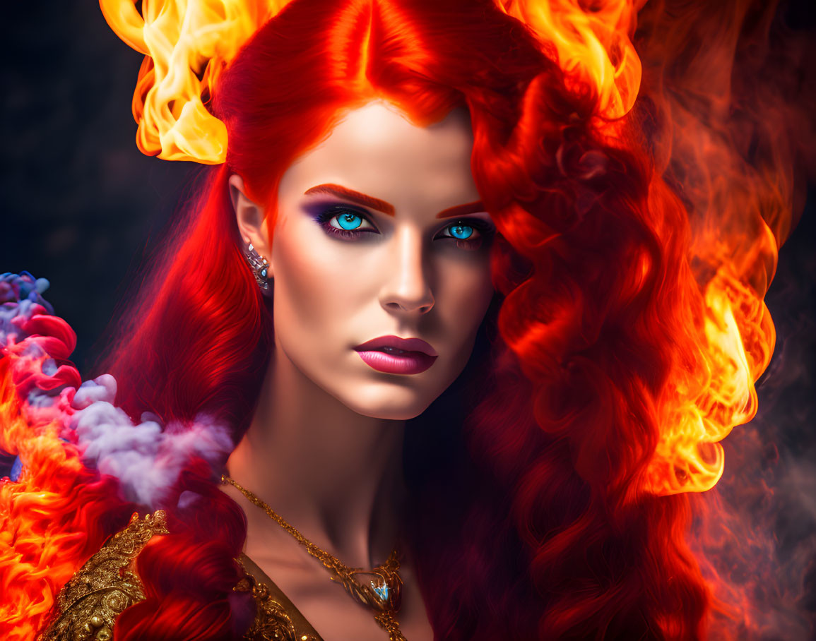 Portrait of Woman with Fiery Red Hair and Blue Eyes on Dark Background