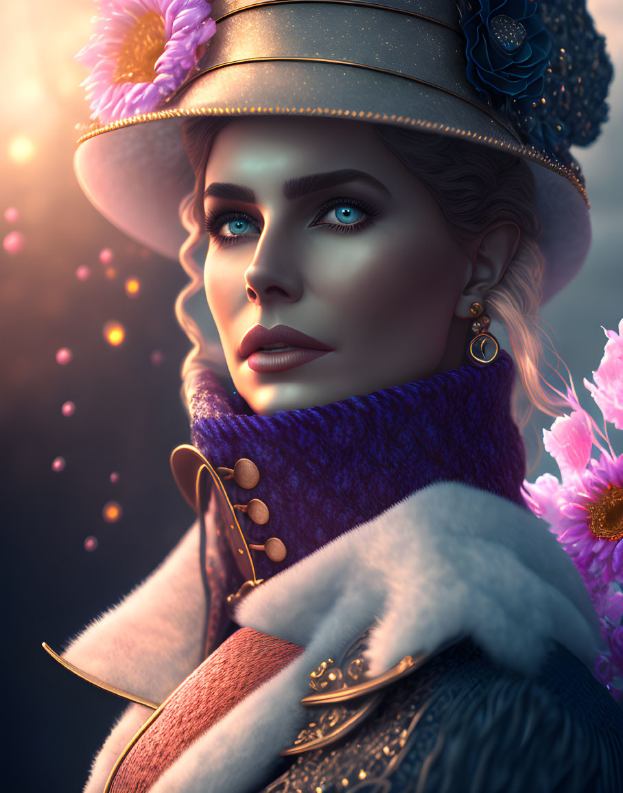 Portrait of a woman with blue eyes in hat, purple turtleneck, and fur cloak amid lights