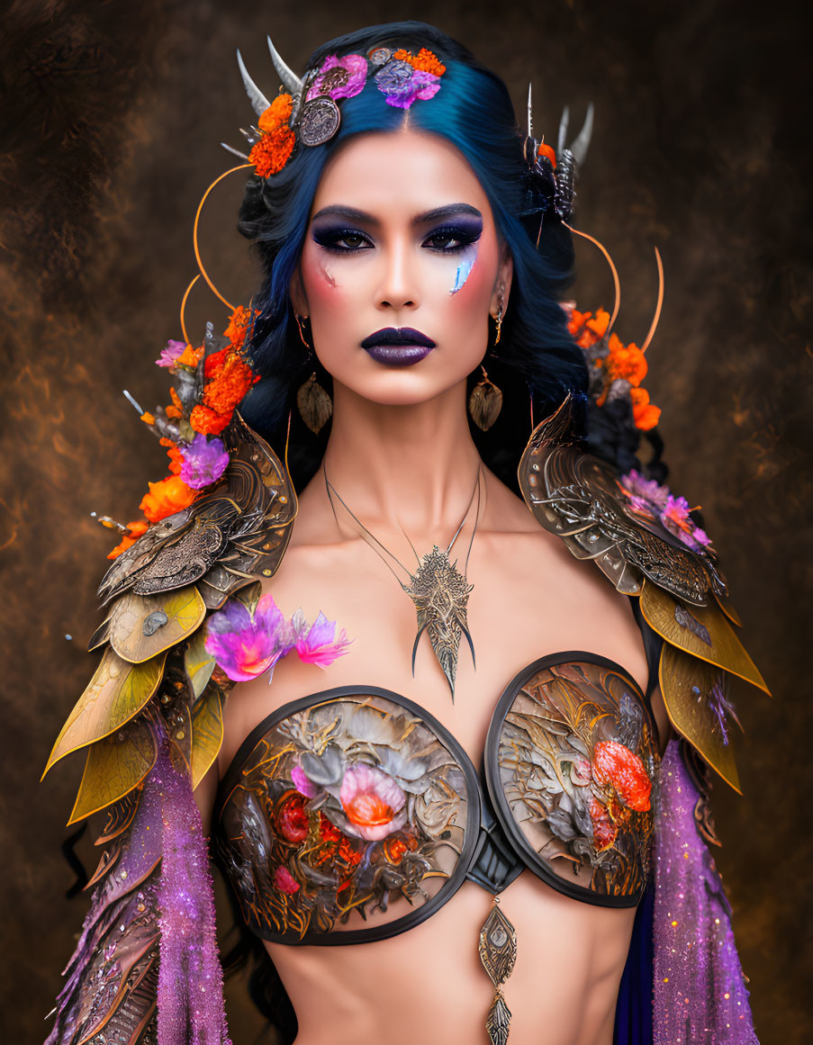 Colorful Woman in Elaborate Nature-Themed Armor and Headgear