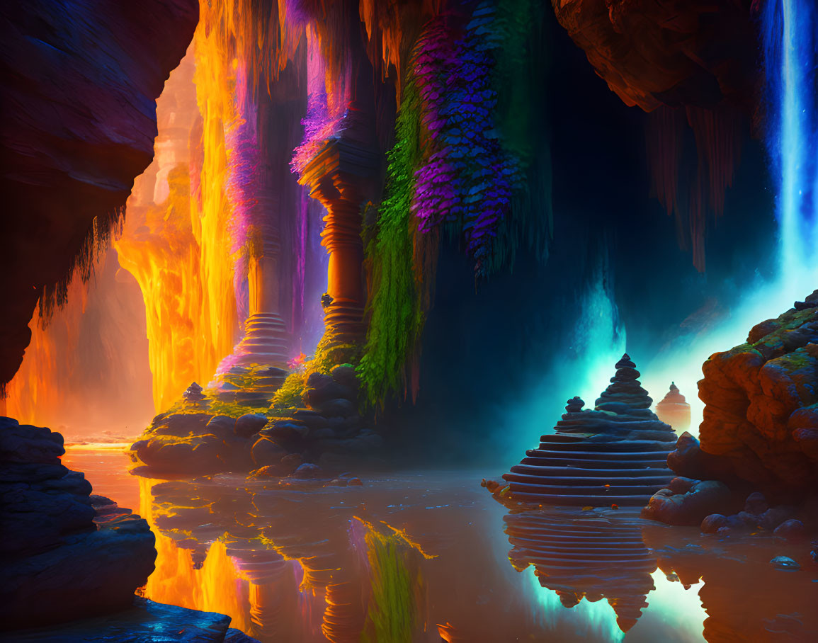 Vibrant digital art of mystical cave with colorful stalactites and serene water.