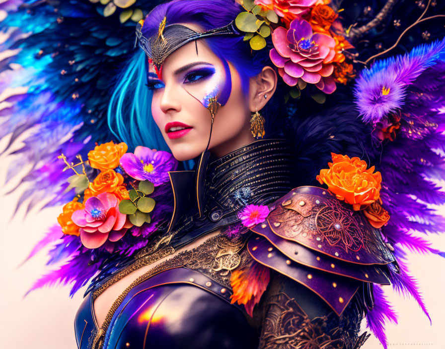 Blue-haired person in ornate armor with vibrant makeup and floral details.