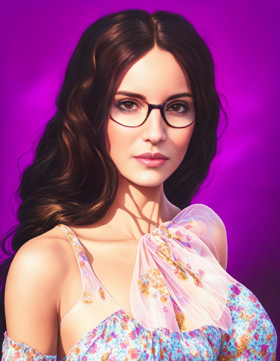 Portrait of woman with long brown hair, glasses, floral dress, and bow on purple background